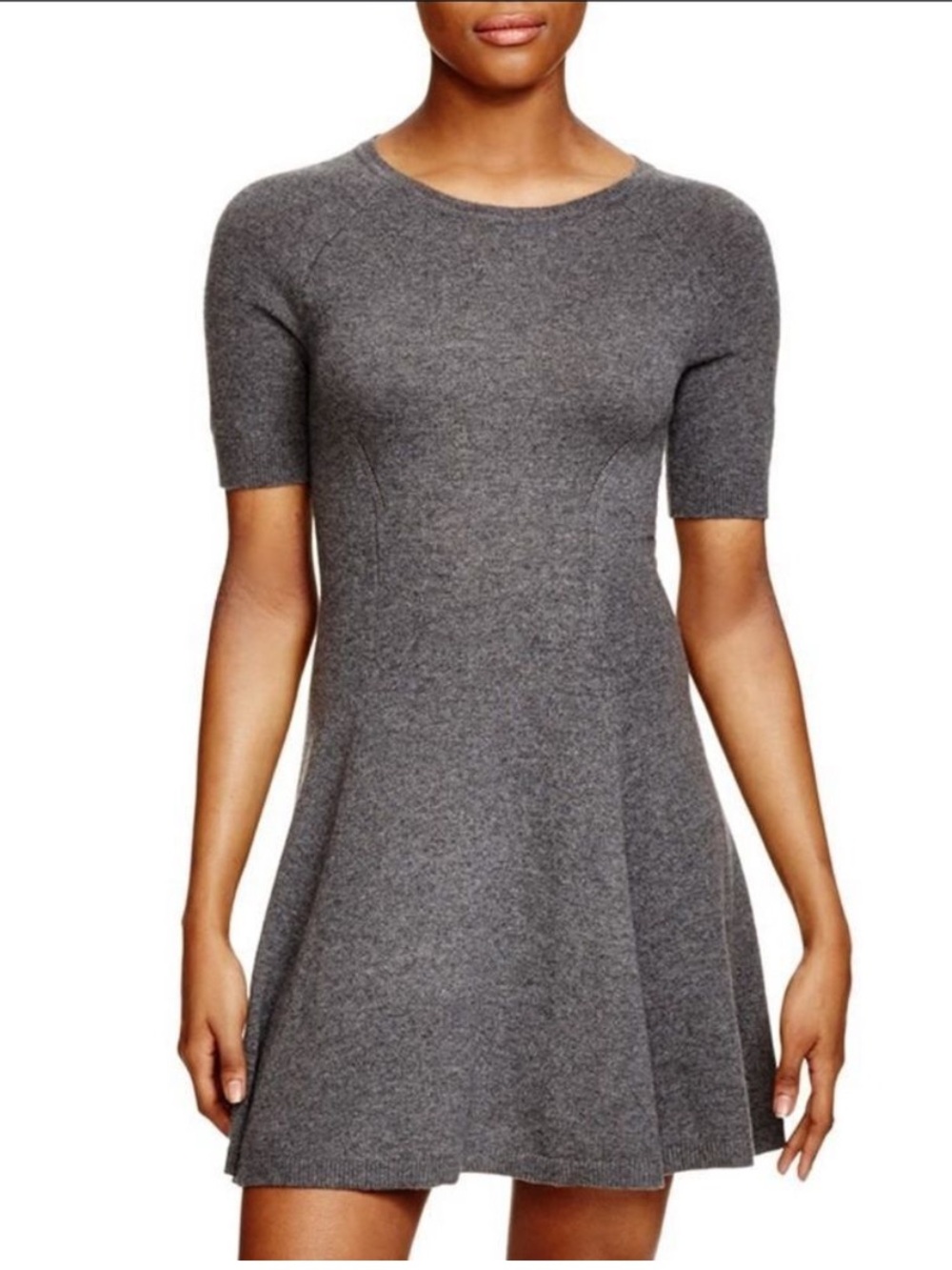 AQUA 100% Cashmere Short-Sleeve Knit Fit-and-Flare Dress - Gray